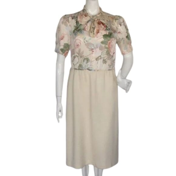 Vintage LESLIE FAY Dress, M, Mixed material, Neck Bow, Wooly skirt, Cream - Picture 1 of 11